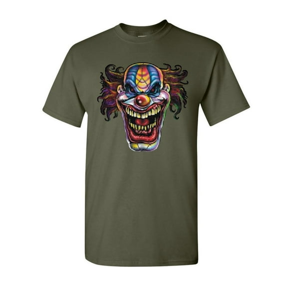 Tee Hunt Mad Evil Clown Face T-Shirt Scary Horror Insane Joker Shirt, Military Green, XX-Large