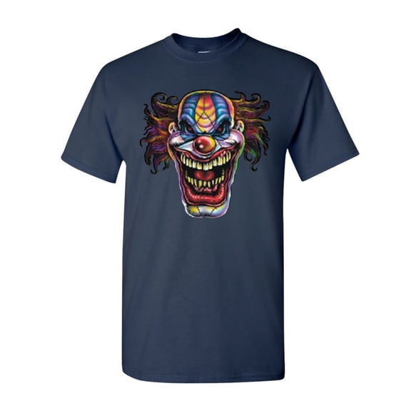 Tee Hunt Mad Evil Clown Face T-Shirt Scary Horror Insane Joker Shirt, Navy Blue, Large