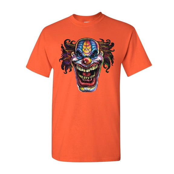 Tee Hunt Mad Evil Clown Face T-Shirt Scary Horror Insane Joker Shirt, Orange, Large
