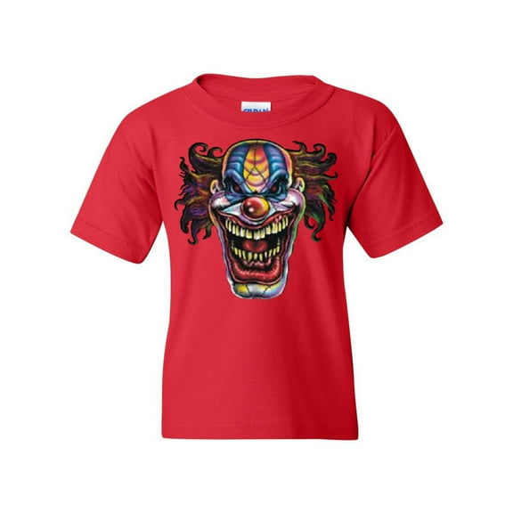 Tee Hunt Mad Evil Clown Face Youth T-Shirt Scary Horror Insane Joker Tee, Red, Medium