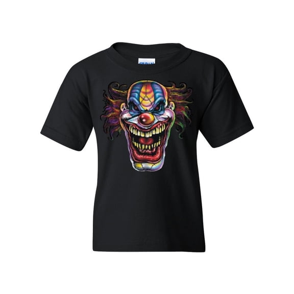 Tee Hunt Mad Evil Clown Face Youth T-Shirt Scary Horror Insane Joker Tee