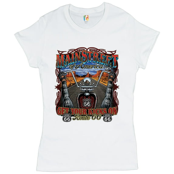 Tee Hunt Main Street of America T-Shirt Get Your Kicks on Route 66 Biker Women's T-Shirt Tee, White, Small