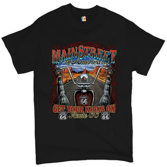 Tee Hunt Main Street of America T-shirt Get Your Kicks on Route 66 Biker Men's Tee, Black, 3X-Large