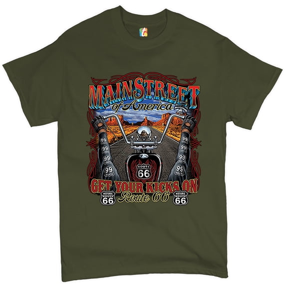 Tee Hunt Main Street of America T-shirt Get Your Kicks on Route 66 Biker Men's Tee, Military Green, Small