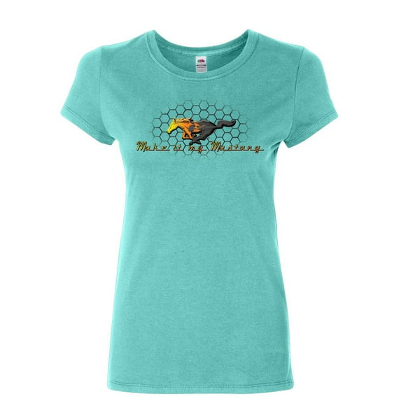 Tee Hunt Make it My Mustang Women's T-Shirt Honeycomb American Classic Fire Horse Shirt, Light Blue, Small