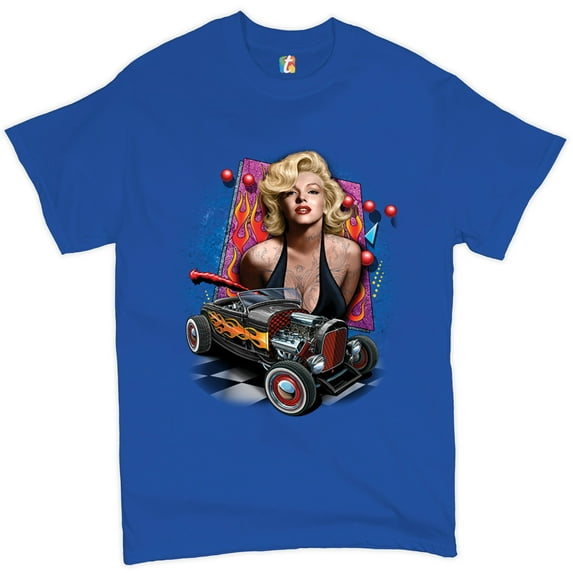 Tee Hunt Marilyn Monroe Hot Rod T-Shirt Vintage Route 66 Drag Racing Men's Tee, Blue, X-Large