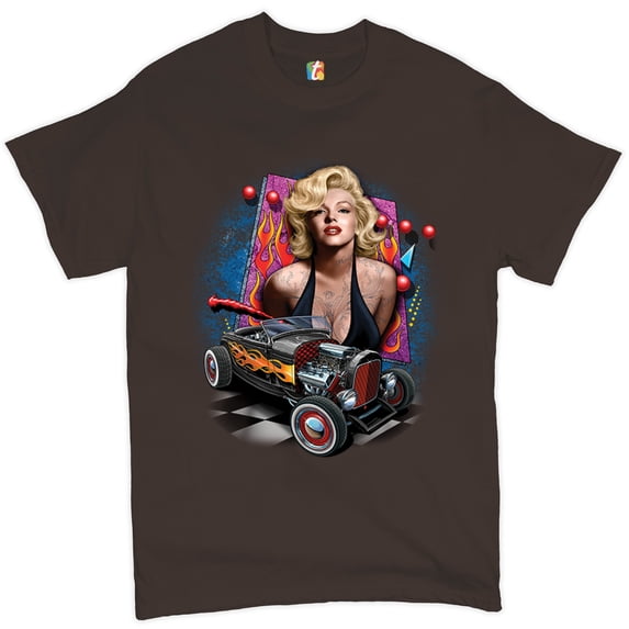 Tee Hunt Marilyn Monroe Hot Rod T-Shirt Vintage Route 66 Drag Racing Men's Tee, Brown, 5X-Large