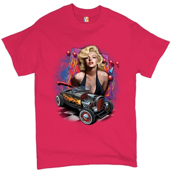 Tee Hunt Marilyn Monroe Hot Rod T-Shirt Vintage Route 66 Drag Racing Men's Tee, Hot Pink, 3X-Large