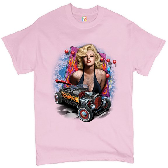 Tee Hunt Marilyn Monroe Hot Rod T-Shirt Vintage Route 66 Drag Racing Men's Tee, Light Pink, 4X-Large