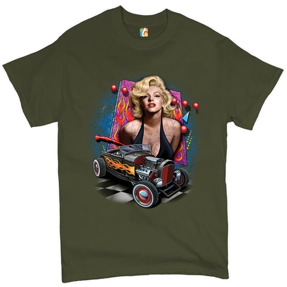 Tee Hunt Marilyn Monroe Hot Rod T-Shirt Vintage Route 66 Drag Racing Men's Tee, Military Green, 4X-Large