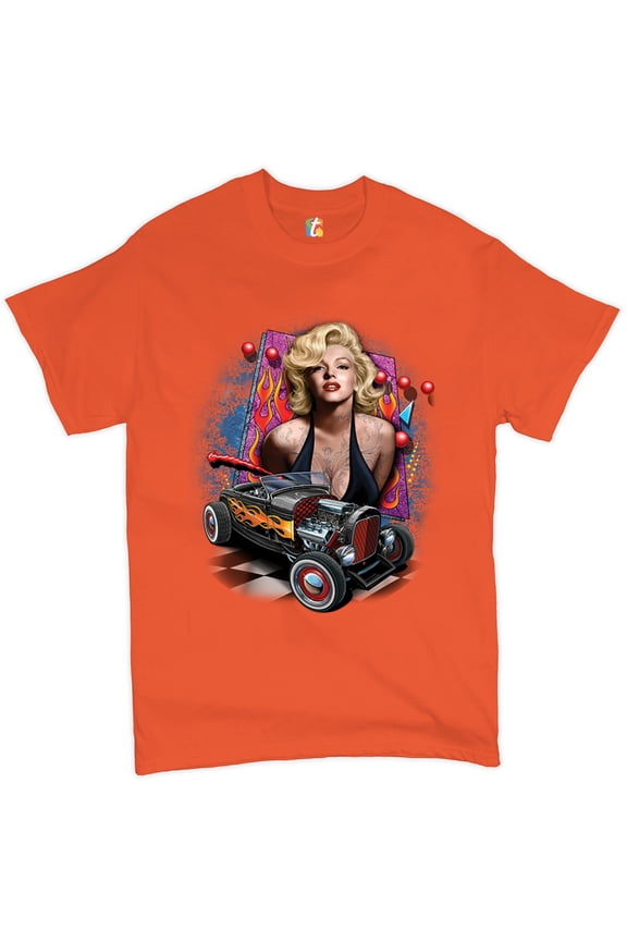 Marilyn Monroe Hot Rod T-Shirt Vintage Route 66 Drag Racing Men's Tee, Orange, X-Large