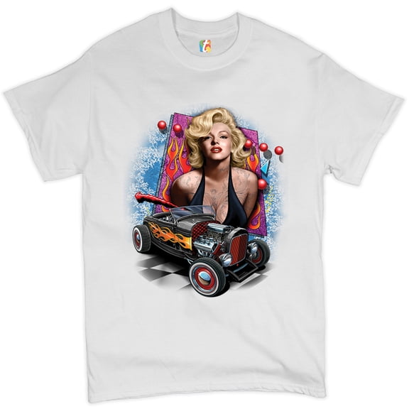 Tee Hunt Marilyn Monroe Hot Rod T-Shirt Vintage Route 66 Drag Racing Men's Tee, White, Small