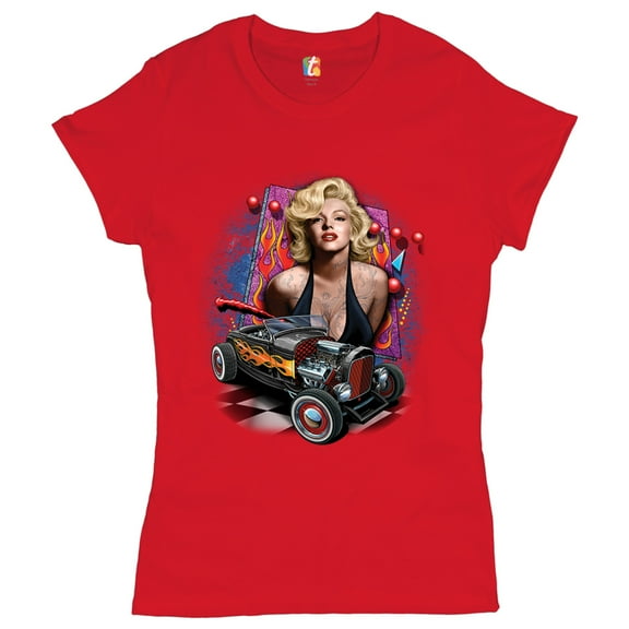 Tee Hunt Marilyn Monroe Hot Rod T-Shirt Vintage Route 66 Drag Racing Women's T-Shirt Tee, Red, Medium