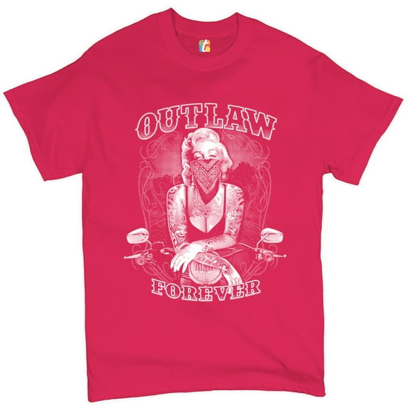 Tee Hunt Marilyn Monroe Outlaw Forever T-Shirt Biker Live to Ride Motorcycle Men's Tee, Hot Pink, X-Large
