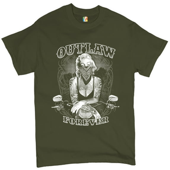 Tee Hunt Marilyn Monroe Outlaw Forever T-Shirt Biker Live to Ride Motorcycle Men's Tee, Military Green, X-Large