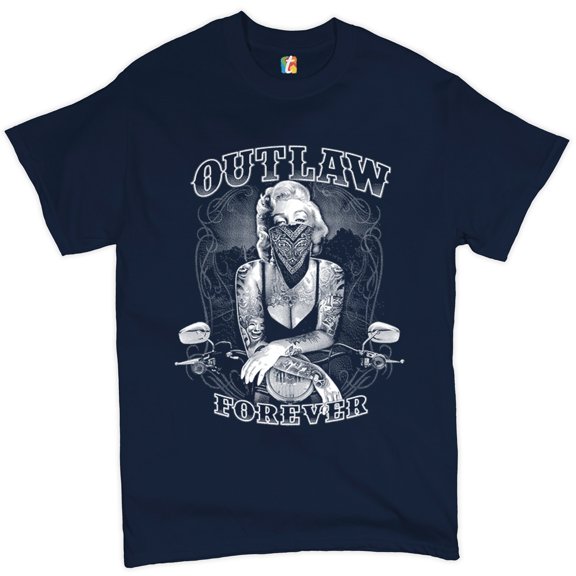 Tee Hunt Marilyn Monroe Outlaw Forever T-Shirt Biker Live to Ride Motorcycle Men's Tee, Navy Blue, Medium