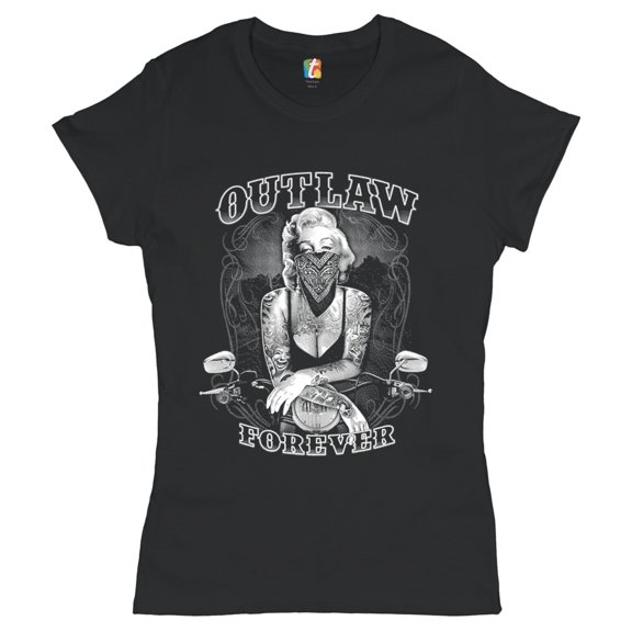 Tee Hunt Marilyn Monroe Outlaw Forever T-Shirt Biker Live to Ride Motorcycle Women's T-Shirt Tee, Black, Large