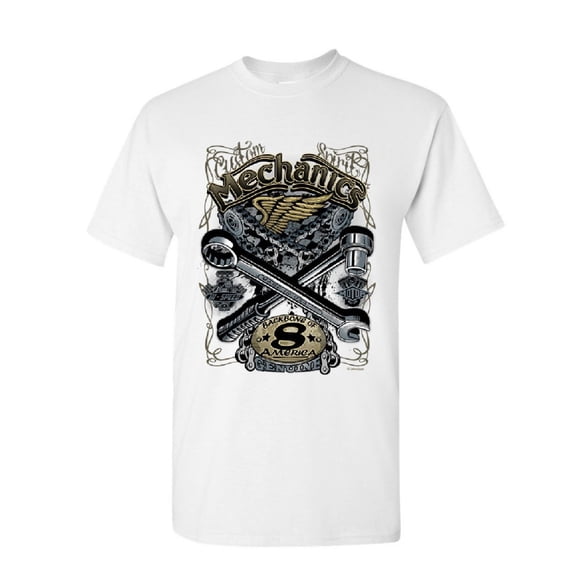 Tee Hunt Mechanics Backbone of America T-Shirt Engine Repair Collar Mens Shirt, White, Large