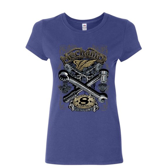 Tee Hunt Mechanics Backbone of America Women's T-Shirt Engine Repair Collar Shirt, Blue, Small