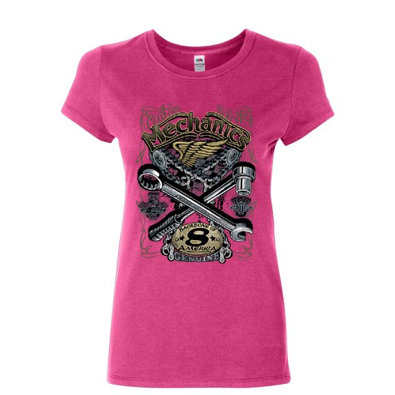 Tee Hunt Mechanics Backbone of America Women's T-Shirt Engine Repair Collar Shirt, Pink, Medium