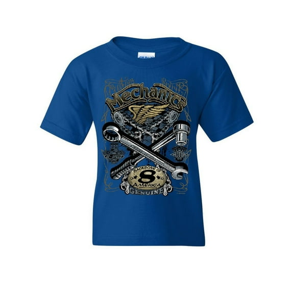 Tee Hunt Mechanics Backbone of America Youth T-Shirt Engine Repair Blue Collar Kids Tee, Blue, Small