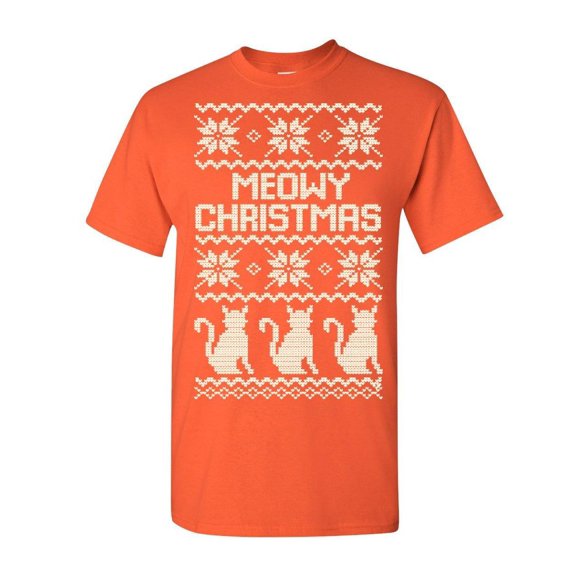 Tee Hunt Meowy Christmas T-Shirt Cat Christmas Xmas Ugly Sweatshirt Mens Shirt, Orange, X-Large
