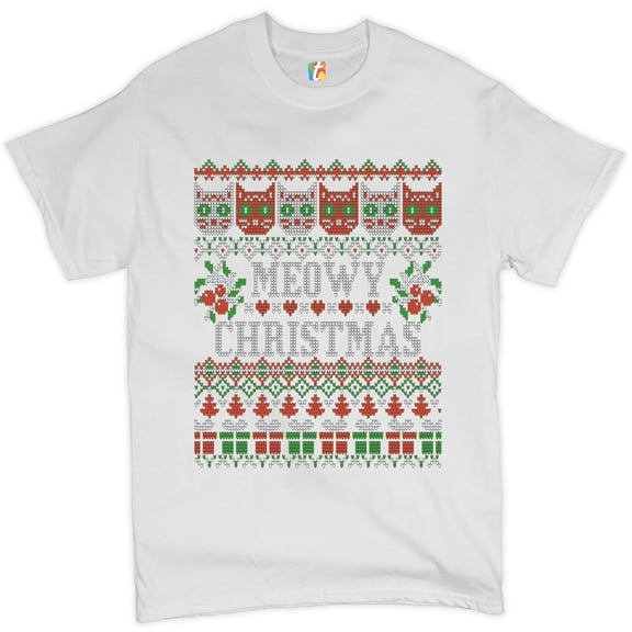 Tee Hunt Meowy Christmas T-Shirt Ugly Sweater Cat Lover Funny Xmas Men's Tee, White, 5X-Large
