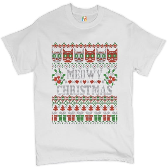Tee Hunt Meowy Christmas T-Shirt Ugly Sweater Cat Lover Funny Xmas Men's Tee, White, X-Large