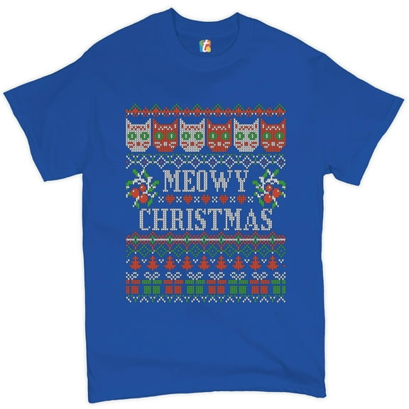 Tee Hunt Meowy Christmas T-Shirt Ugly Sweater Cat Lover Funny Xmas Men's Tee
