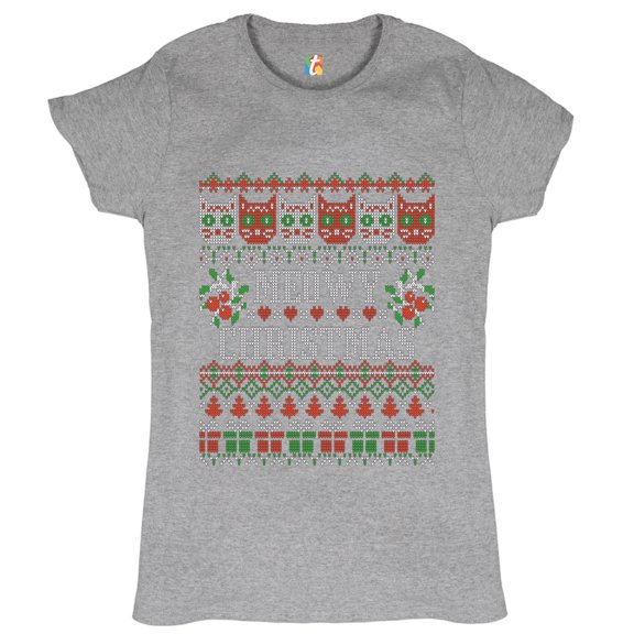 Tee Hunt Meowy Christmas T-Shirt Ugly Sweater Cat Lover Funny Xmas Women's T-Shirt Tee, Gray, Medium