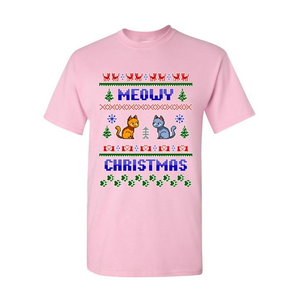Tee Hunt Meowy Christmas Ugly Sweater T-Shirt Cat Kitten Purr Merry Xmas Mens Shirt, Light Pink, XX-Large