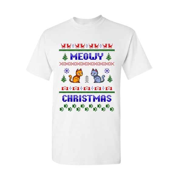 Tee Hunt Meowy Christmas Ugly Sweater T-Shirt Cat Kitten Purr Merry Xmas Mens Shirt, White, Medium