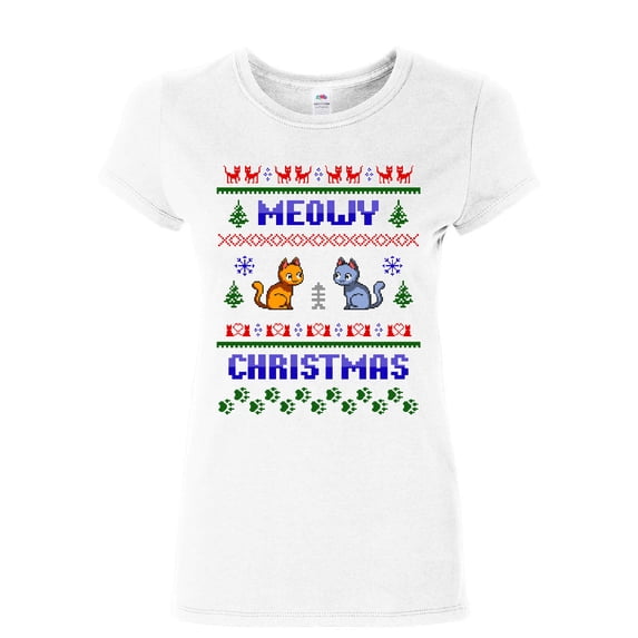 Tee Hunt Meowy Christmas Ugly Sweater Women's T-Shirt Cat Kitten Purr Merry Xmas Shirt, White, X-Large