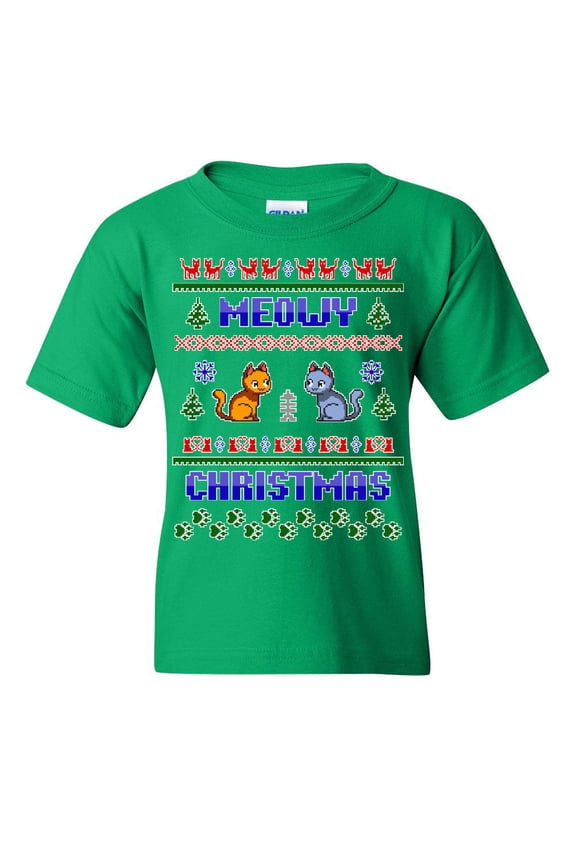 Meowy Christmas Ugly Sweater Youth T-Shirt Cat Kitten Purr Merry Xmas Kids Tee