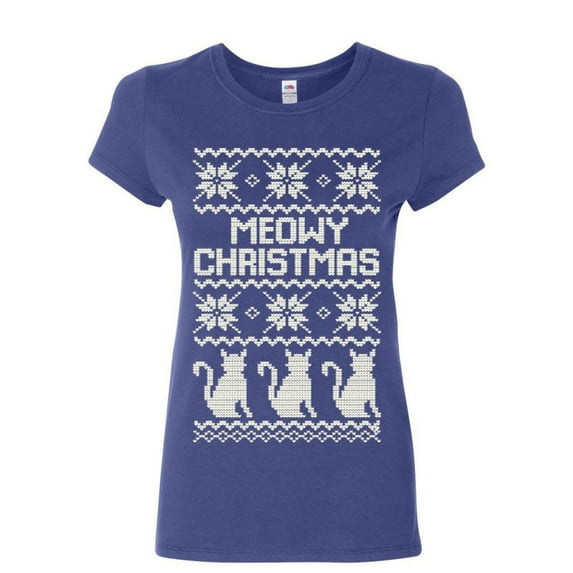 Tee Hunt Meowy Christmas Women's T-Shirt Cat Christmas Xmas Ugly Sweatshirt, Blue, XX-Large