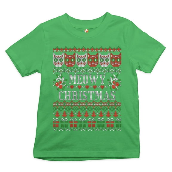 Tee Hunt Meowy Christmas Youth T-Shirt Ugly Sweater Cat Lover Funny Xmas Kids, Green, X-Large