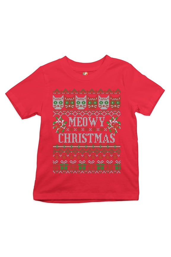 Meowy Christmas Youth T-Shirt Ugly Sweater Cat Lover Funny Xmas Kids, Red, Medium