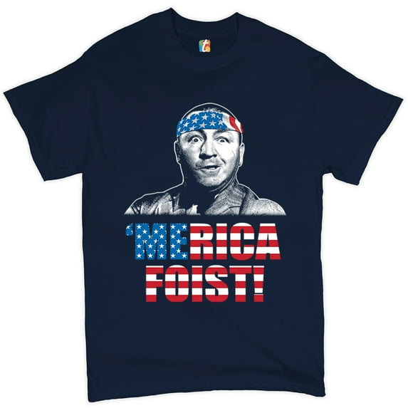 Tee Hunt Merica Foist T-shirt Patriotic Curly Howard The Three Stooges USA Men's Tee, Navy Blue, 3X-Large
