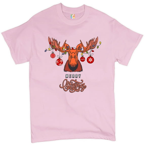 Tee Hunt Merry Christmas Buck T-Shirt Reindeer Rudolph Holiday Spirit Men's Tee, Light Pink, 5X-Large