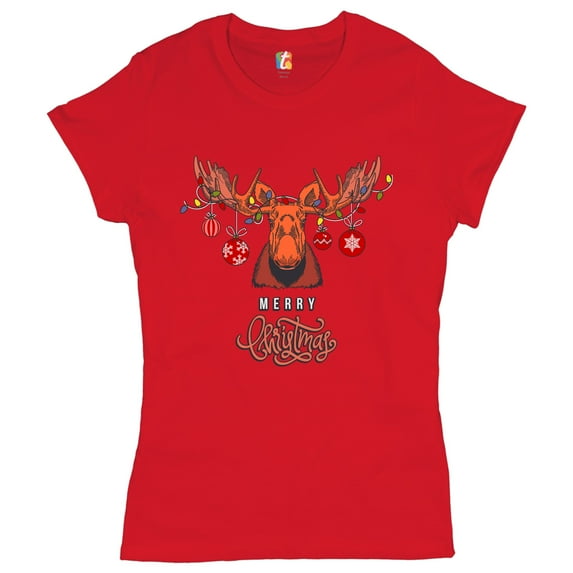 Tee Hunt Merry Christmas Buck T-Shrit Reindeer Rudolph Holiday Spirit Women's T-Shirt Tee, Red, X-Large