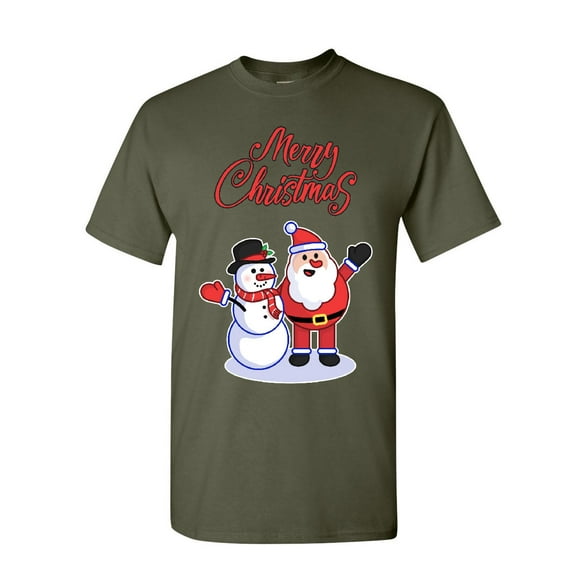 Tee Hunt Merry Christmas Santa Snowman Hug T-Shirt Xmas Holiday Spirit Mens Shirt, Military Green, Medium