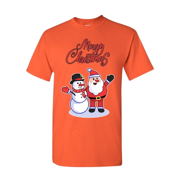 Tee Hunt Merry Christmas Santa Snowman Hug T-Shirt Xmas Holiday Spirit Mens Shirt, Orange, X-Large