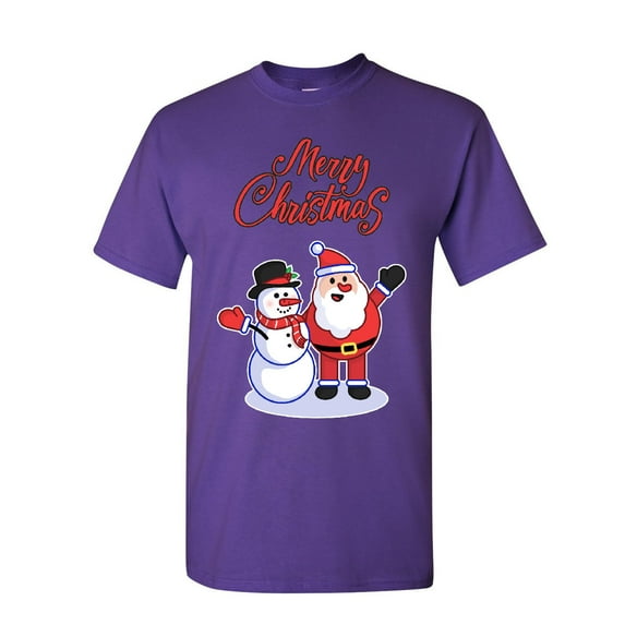 Tee Hunt Merry Christmas Santa Snowman Hug T-Shirt Xmas Holiday Spirit Mens Shirt, Purple, Medium