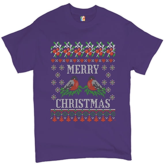 Tee Hunt Merry Christmas T-shirt Cute Bullfinch Ugly Sweater Theme Xmas Men's Tee, Purple, 4X-Large