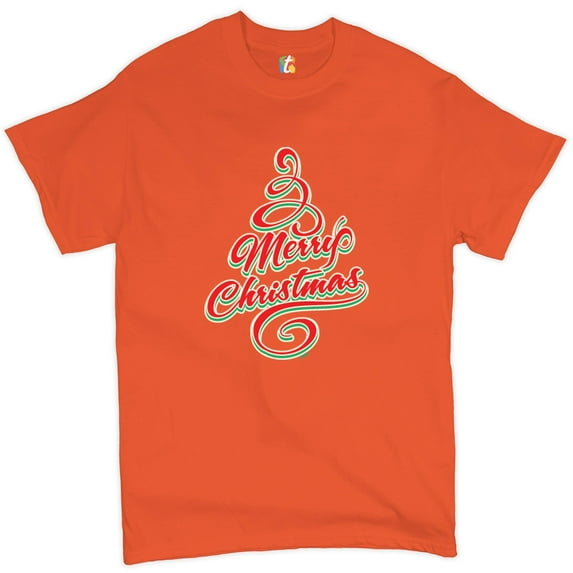 Tee Hunt Merry Christmas Tree T-Shirt Santa Claus Rudolph Let it Snow Men's Novelty Shirt, Orange, Small
