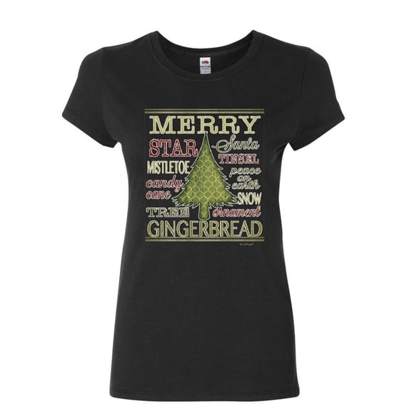 Tee Hunt Merry Christmas Xmas Tree Women's T-Shirt Holiday Spirit Joy Santa Snow Shirt, Black, Medium