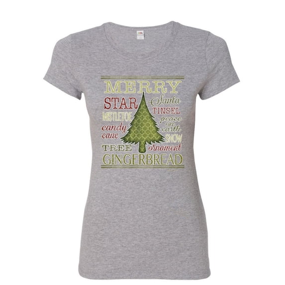 Tee Hunt Merry Christmas Xmas Tree Women's T-Shirt Holiday Spirit Joy Santa Snow Shirt, Gray, Large