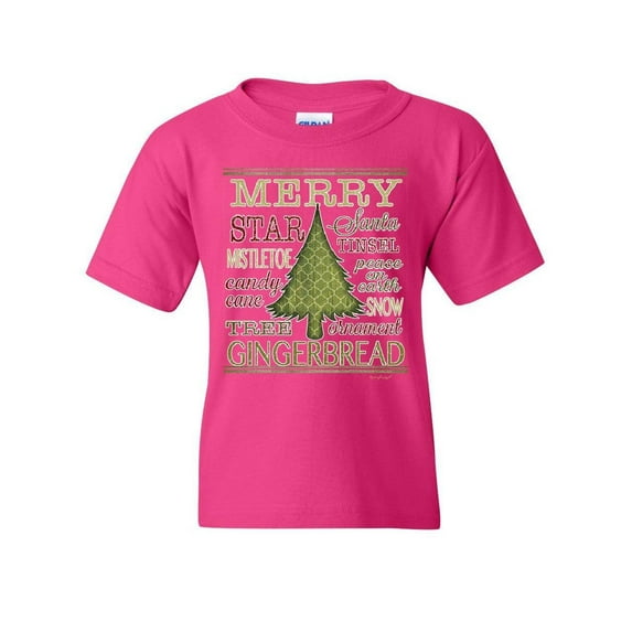 Tee Hunt Merry Christmas Xmas Tree Youth T-Shirt Holiday Spirit Joy Santa Snow Kids Tee, Pink, Large