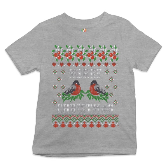Tee Hunt Merry Christmas Youth T-Shirt Cute Bullfinch Ugly Sweater Happy Holidays Kids, Gray, Small