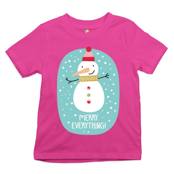 Tee Hunt Merry Everything Youth T-Shirt Christmas Snowman Holiday Spirit Xmas Kids, Pink, Small